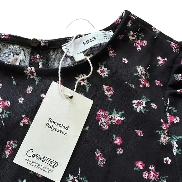 NEW Mango Black Floral Long Sleeve Mini Dress Puff Shoulder Ruffle Hem Size XS - Picture 8 of 12